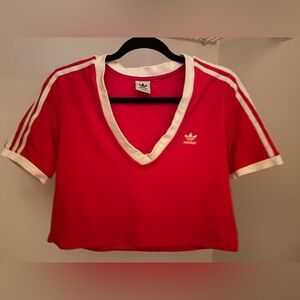 Authentic Adidas Cherry Red 3-Stripes Cropped V-Neck